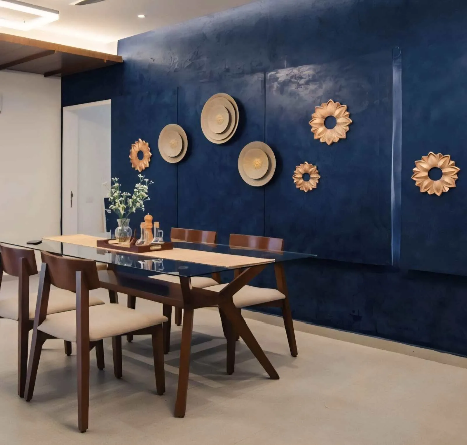 Navy Venetian plaster dining room with gold wall decor